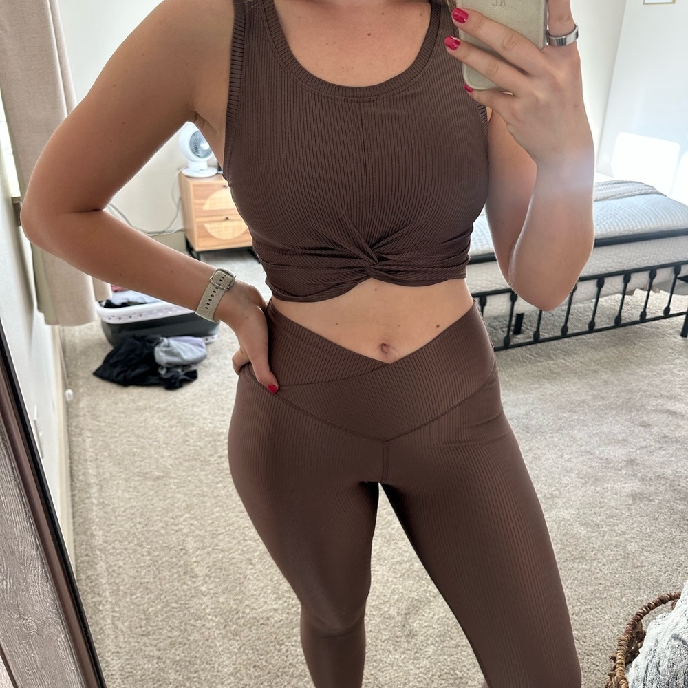 Aerie Offline Brown Ribbed Twist-Front Top and Leggings Set